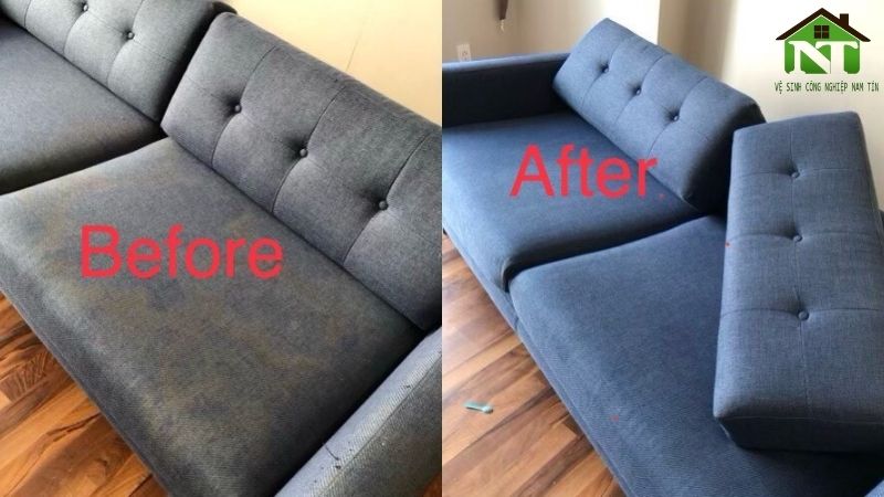 Chị Phúc trước và sau khi giặt ghế sofa tại nhà Nam Tín